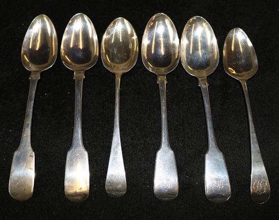 5 silver table spoons & 1 plated